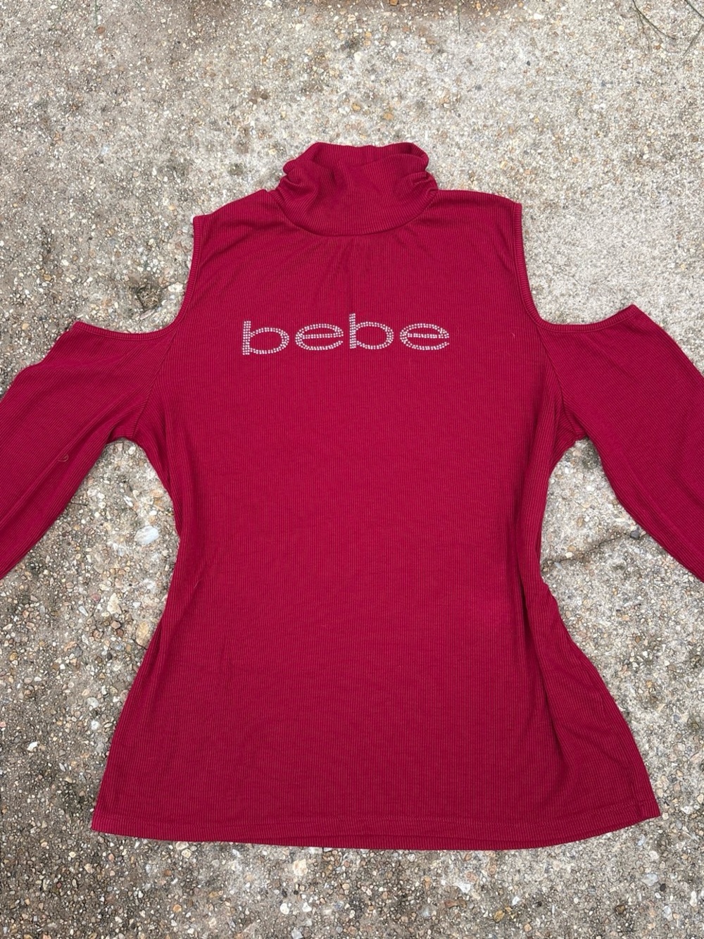 bebe Red Cold-Shoulder Ribbed Turtleneck with Rhinestone Logo - Picture 5 of 6